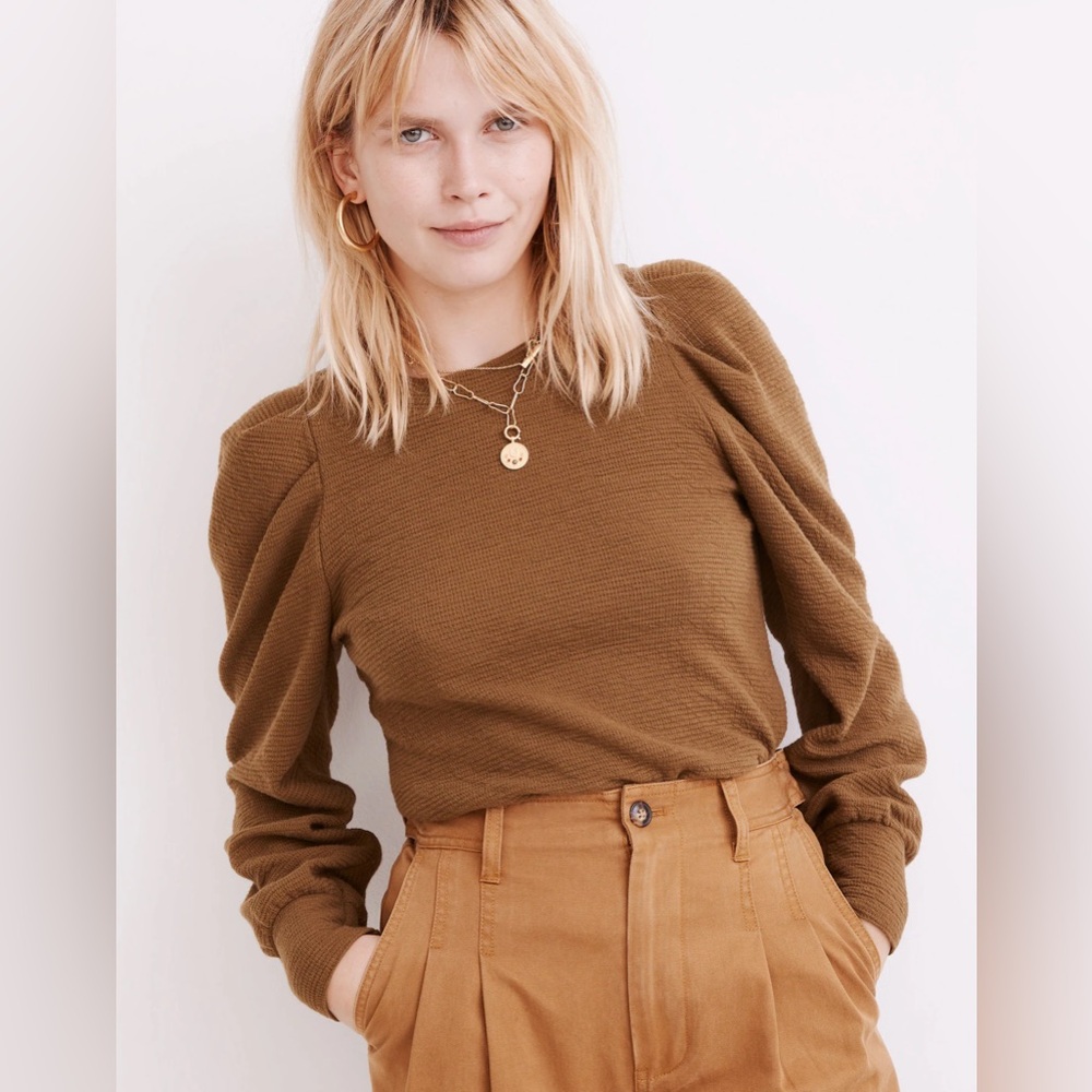 Madewell Pleated Statement-Sleeve Top Asparagus Sz Small